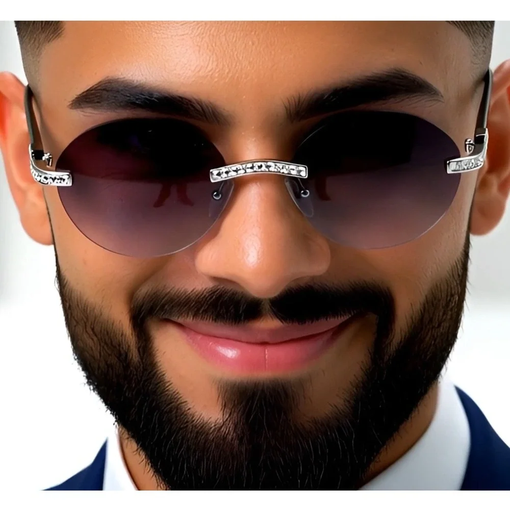Rhinestone Rimless‎ Sunglasses Round Lens Fashion Shades Designer Style Elegant